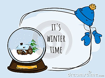 Winter hand drawn bright vector illustration, postcard with hat, mittens, bullfinch, Christmas tree and street lamp Vector Illustration