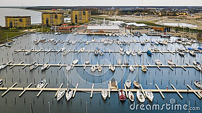 Winter harbour with plenty sailing boats shot from above Editorial Stock Photo