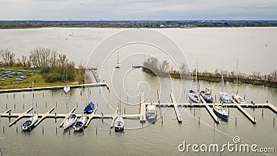 Winter harbour with some sailing boats shot from above Editorial Stock Photo