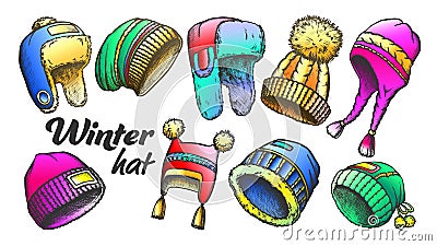 Winter Hat Clothing Accessory Retro Set Vector Vector Illustration