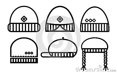 Winter hat icons set. Black outline. Isolated. Vector Stock Photo