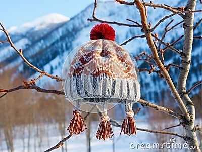 a winter hat lies weighs on a tree branch Stock Photo