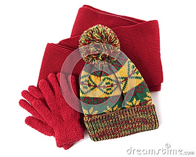 Winter hat, red scarf and gloves isolated on white background Stock Photo