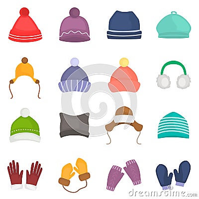 Winter hats and gloves color icons set for web and mobile design Vector Illustration