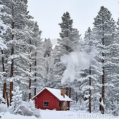 Winter Haven: A Solitary Red Cabin in the Snowy Forest Stock Photo