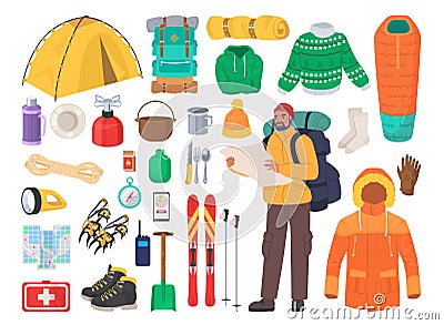 Winter hiking gear, flat vector isolated illustration. Mountain travel, climbing and trekking equipment. Cartoon Illustration