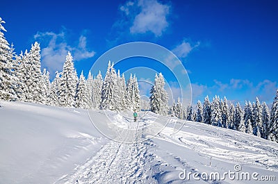 Winter hiking road in mountains with snow Stock Photo