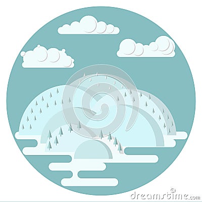 Winter hilly landscape in flat style Vector Illustration