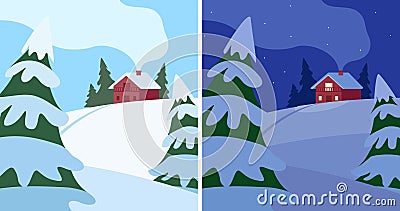 Winter hilly landscape with snow, house and fir trees, day and night. Country life. Snow, cold, frost. Vector cartoon Vector Illustration