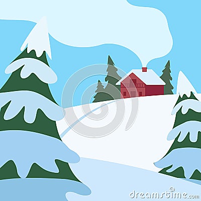 Winter hilly landscape with house and fir trees. Country life. Snow, cold, frost. Vector cartoon illustration Stock Photo