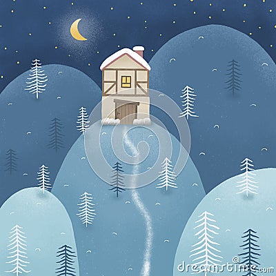 Winter Hilly Landscape Night with House Stars Moon and Trees Handy Illustrated Dreamy Winter Countryside Stock Photo