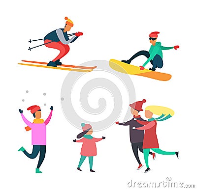 Winter Hobbies and Activities of People Set Vector Vector Illustration