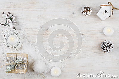 Winter holiday background on bleached wooden texture board Stock Photo