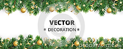 Winter holiday background. Border with Christmas tree branches. Garland, frame with hanging baubles, streamers Vector Illustration