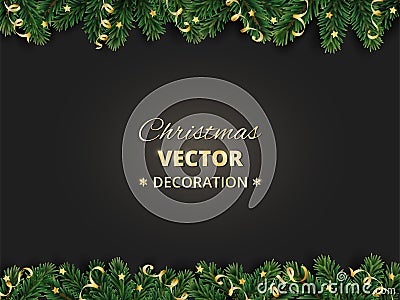 Winter holiday background. Border with Christmas tree branches and ornaments. Vector Illustration