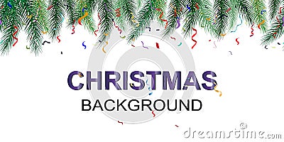 Winter holiday background. Border with Christmas tree branches and ornaments. Seamless new year background. Isolated on a white ba Vector Illustration