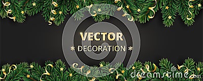 Winter holiday background. Border with Christmas tree branches and ornaments. Vector Illustration