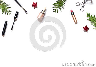 Winter holiday beauty or cosmetic concept frame on the white background. Shopping make up for Christmas or New Year celebration. Stock Photo