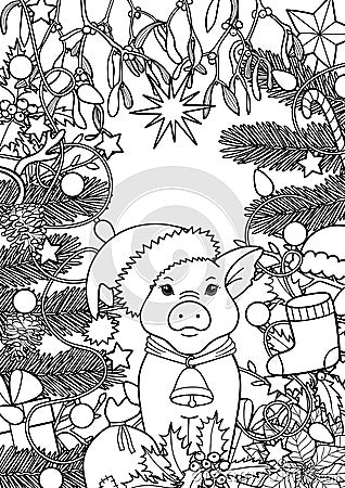 Winter Holiday Coloring Page with Pig symbol 2019 Vector Illustration