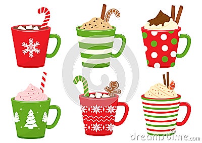 Winter holiday cups with drinks. Mugs with hot chocolate, cocoa or coffee, and cream. Gingerbread man cookie, candy cane, cinnamon Cartoon Illustration