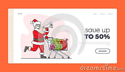 Winter Holiday Discount Landing Page Template. Santa Claus with Loudspeaker Pushing Trolley Announcing Christmas Sale Vector Illustration