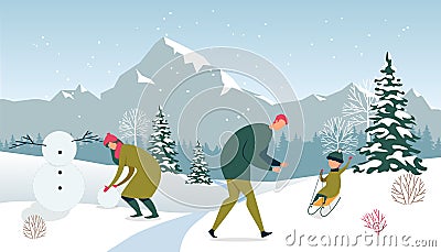 Winter Holiday. Family Happy Pastime Outdoors Vector Illustration