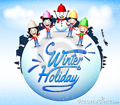 Winter Holiday With Happy Children And Snowman Mascot Standing in a Globe Vector Illustration