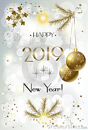 2019 Winter Holiday Happy New Year Christmas Bokeh Lights Coral Trendy Decoration Gold CARD Vector Illustration