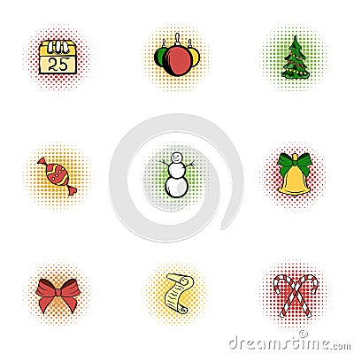 Winter holiday icons set, pop-art style Vector Illustration