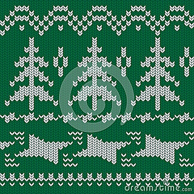 Winter holiday knitted pattern. Christmas trees and knitting ornament. Seamless woolen knitted imitation texture Cartoon Illustration
