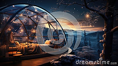 Winter holiday in a luxury modern glass igloo hotel with beautiful view on mountains, forest and night sky Stock Photo