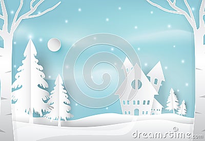 Winter holiday and snow in countryside with blue. Christmas seas Vector Illustration