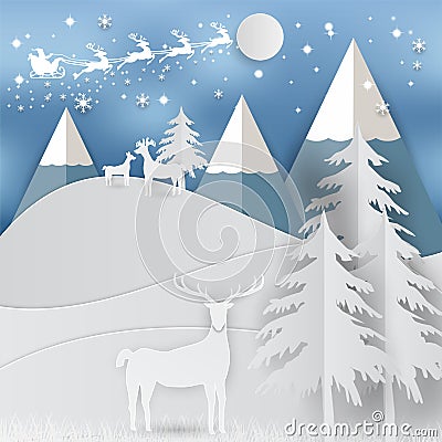 Winter holiday snow and mountain background with santa, deer and tree. Christmas season paper art style illustration Vector Illustration