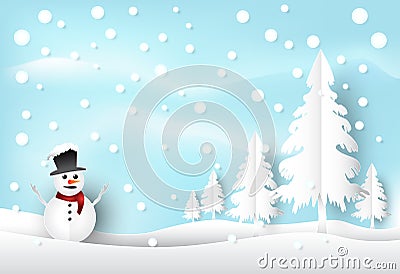 Winter holiday snow and snowman with blue sky background. Christ Vector Illustration