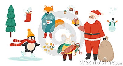Winter holiday symbols bundle. Christmas celebration vector illustrations set. Santa Claus and cute animals isolated Vector Illustration
