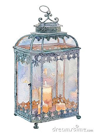 Antique lantern with candle. Watercolor hand drawn painting illustration isolated on white background. Stock Photo