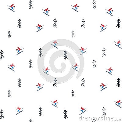 Winter holiday vector pattern with skiers between trees on mountain covered in snow. Seasonal christmas design. Vector Illustration