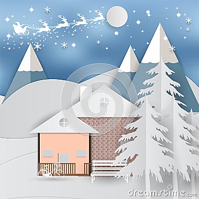 Winter holiday whit home and Santa Claus background. Christmas season. vector illustration paper art style Vector Illustration