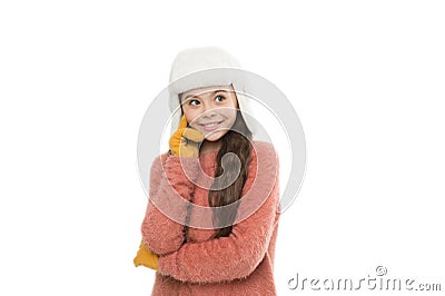 Winter holiday wonder. child fur hat isolated on white. cold winter weather. warm clothes and accessory fashion for kids Stock Photo