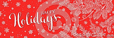 Winter holidays banner with branches of christmas tree on red. Happy new year greeting Vector Illustration