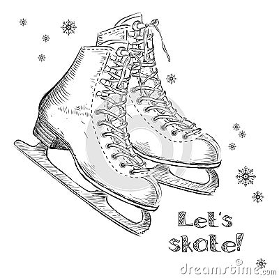 Winter holidays card with ice skates cartoon sketch. Hand draw vector illustration Vector Illustration