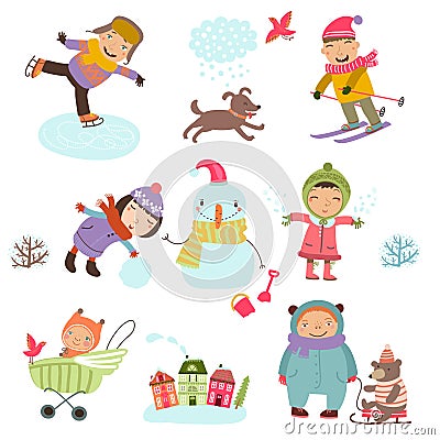 Winter holidays. Cute Illustration of kids playing outdoors in winter. Vector Illustration