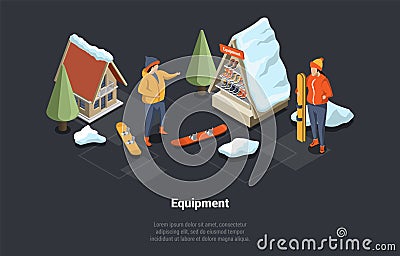 Winter Holidays And Family Vacations Concept. Female Character Rent Snowboard And Coach At Ski Equipment Store Resort Vector Illustration