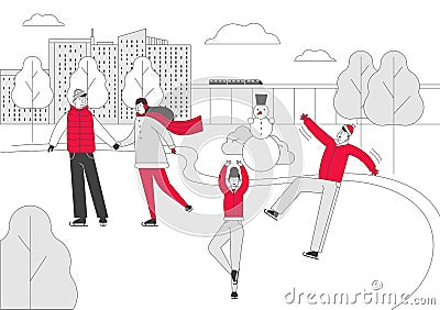 Winter Holidays Festive Season Family Spare Time. Happy People Wearing Warm Clothes Skating. City Park Ice Rink Vector Illustration