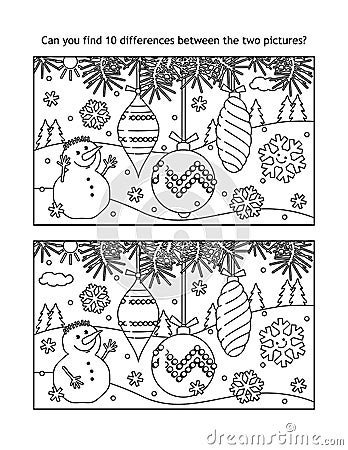 Christmas tree ornaments find the differences visual puzzle and coloring page Vector Illustration