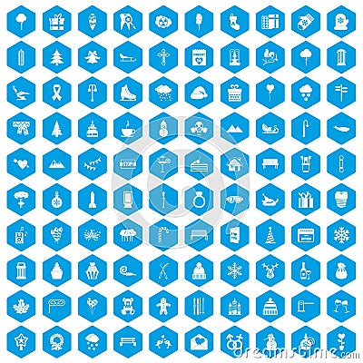 100 winter holidays icons set blue Vector Illustration