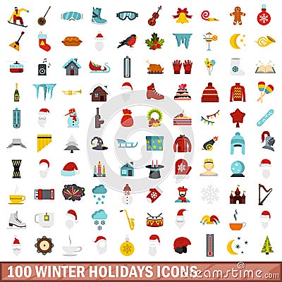 100 winter holidays icons set, flat style Vector Illustration