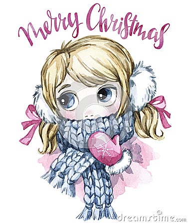 Winter holidays illustration. Watercolor cute girl with big eyes in warm clothes. New Year card. Merry Christmas. Cartoon Illustration