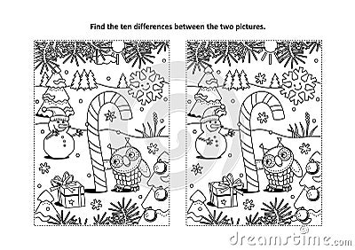 Find the differences visual puzzle and coloring page with magical candy cane Vector Illustration