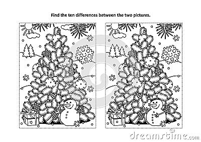 Find the differences visual puzzle and coloring page with christmas tree, snowman, gift Vector Illustration